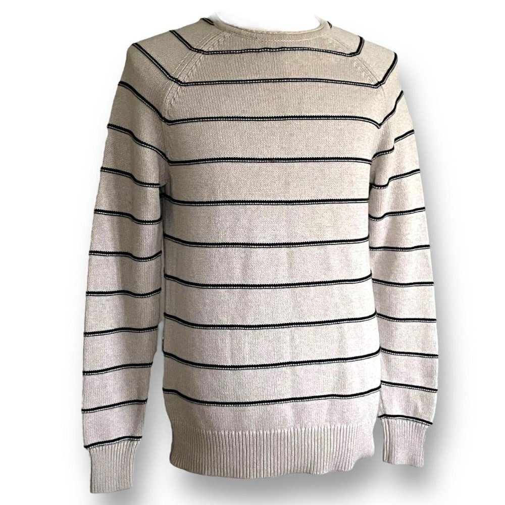 Jack Wills Mens Sweater L Tan Navy Blue Stripe Cotton Preppy Roll Neck Coastal